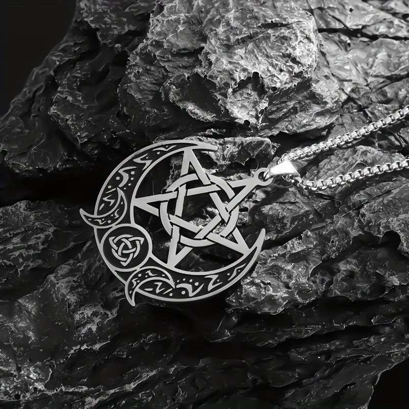 Vintage Mystery Stainless Steel Celtic Pentagram Moon Pendant Necklace